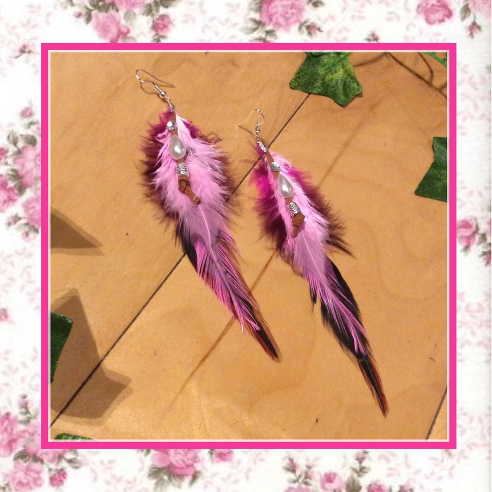 🎀 FEATHER EARRINGS BOHEMIAN BLING PEARL BOHO CHIC